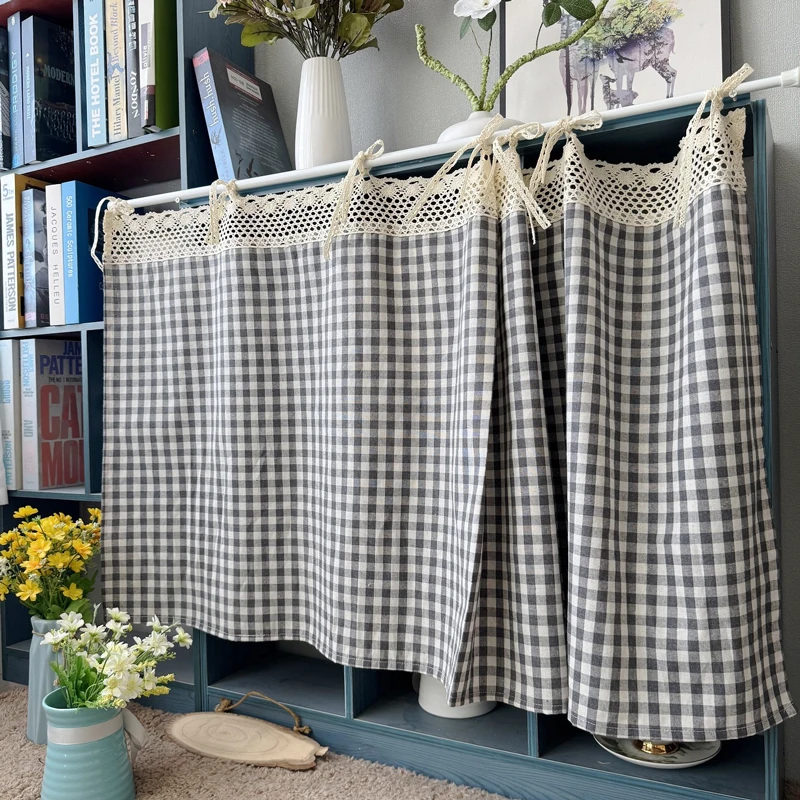 

Plaid Lace Tie Top Kitchen Curtains Rustic Farmhouse Short Curtain for Sink Cabinet Cafe Bedroom Home Decor Window Valance