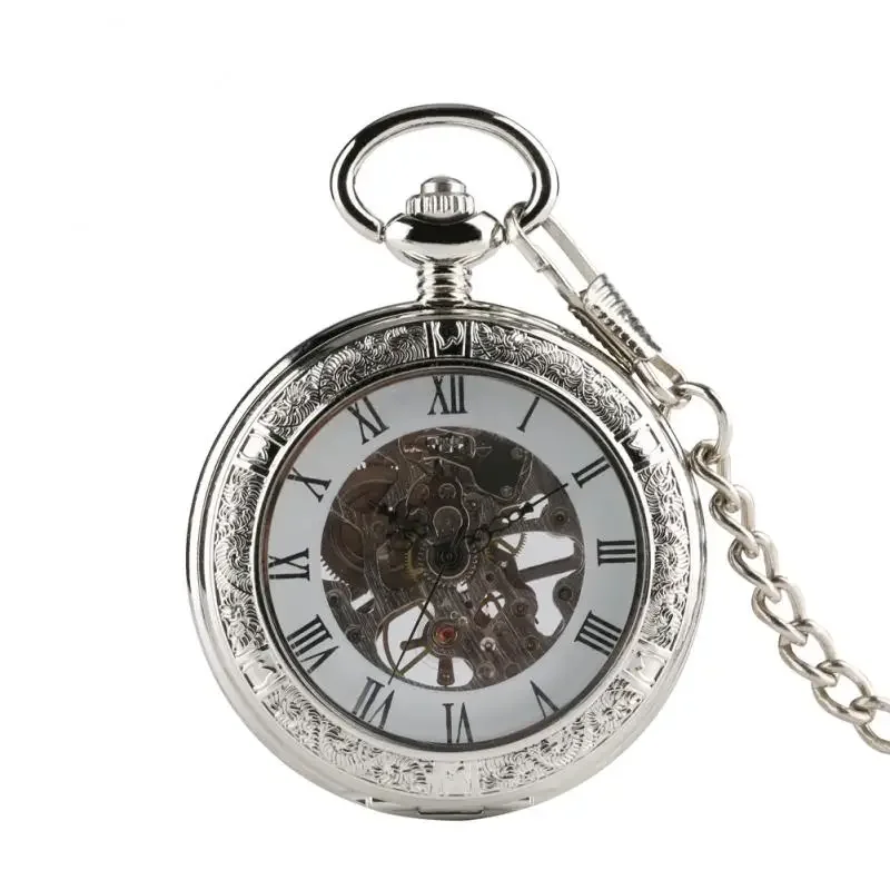 Vintage Hand Winding Mechanical Pocket Watch for Men Women Pendant Chain Half Hunter Roman Numerals Display Skeleton Clock