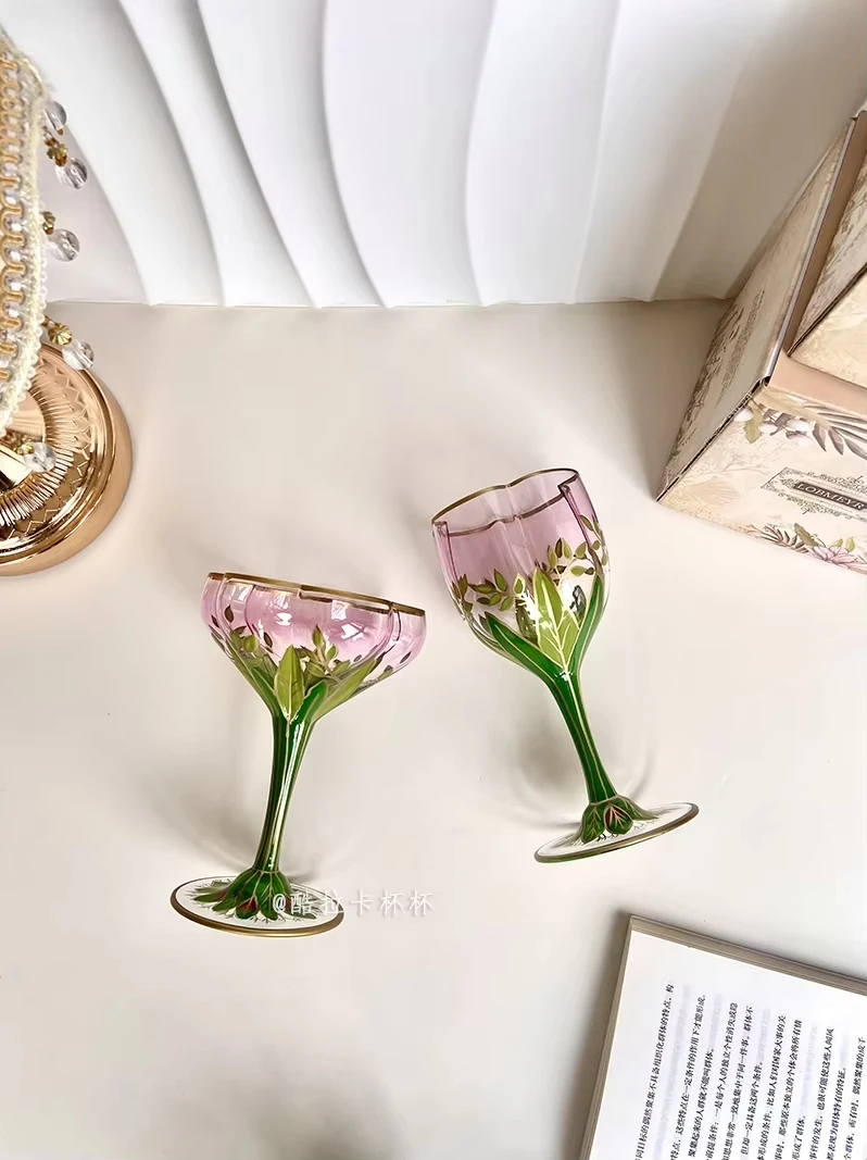 Nordic Light Luxury Pink Hand Painted Crystal Glass Champagne Wine Cup Red Wine Goblet Ice Cream Bowl Flower Design
