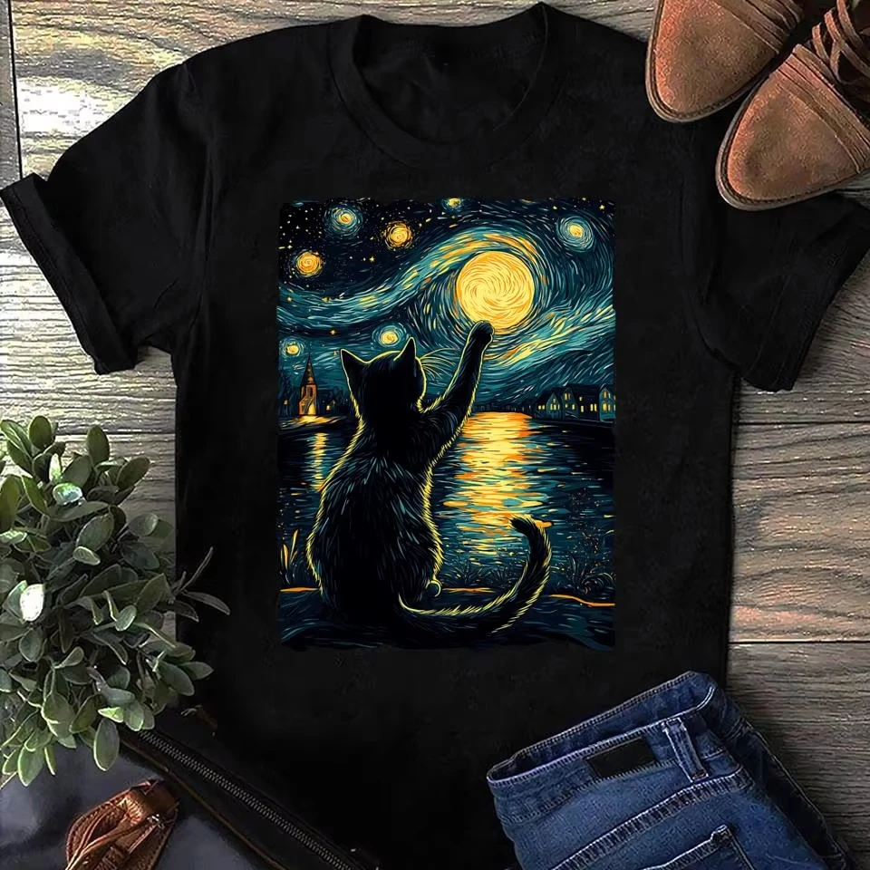 Starry Night Cat T-Shirt: Vincent Van Gogh Style Black Cat Lover Gift Printed Pure Cotton T-shirt Men's and Women's T Shirt