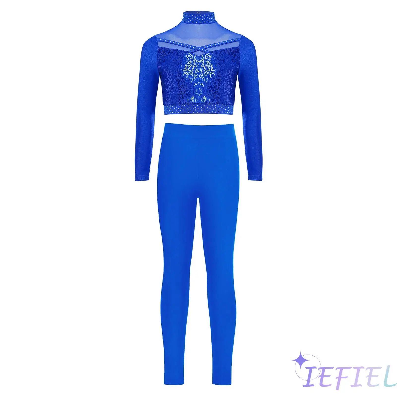 

Kids Girls Gymnastics Jazz Dance Costume Mock Neck Mesh Patchwork Shiny Sequins Crop Top with Leggings Lyrical Modern Dance Set