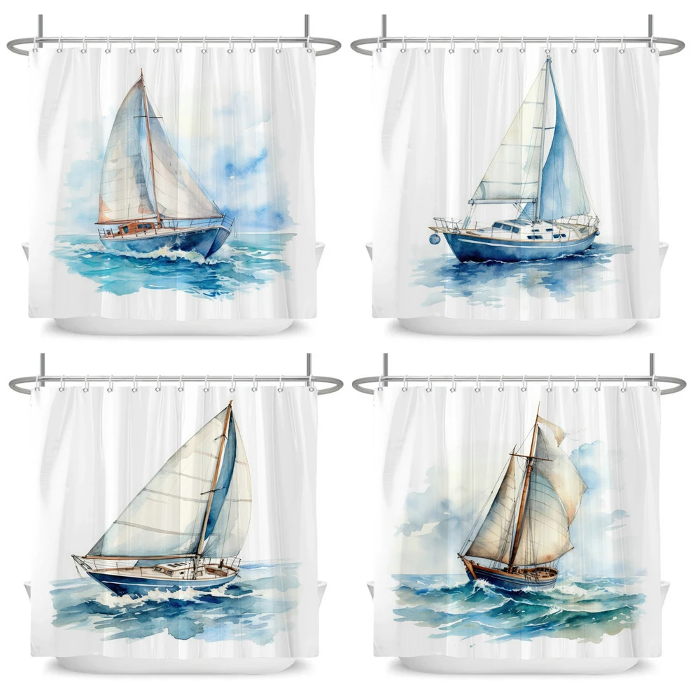 

Nordic style Ocean Sailboat Print Fabric Waterproof Shower Curtain with Hooks For Bathtub Bathroom Screens Home Decor Wall Cloth