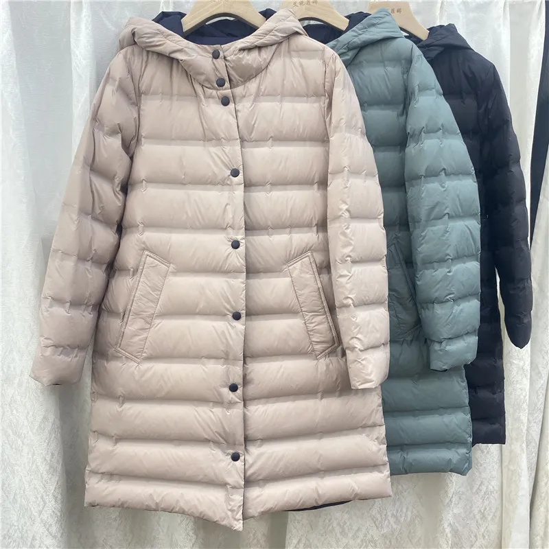 Autumn Winter Hooded Reversible Down Coat Women Warm Thick White Duck Down Jacket Parkas Ladies Single-Breasted Puffer Outwears