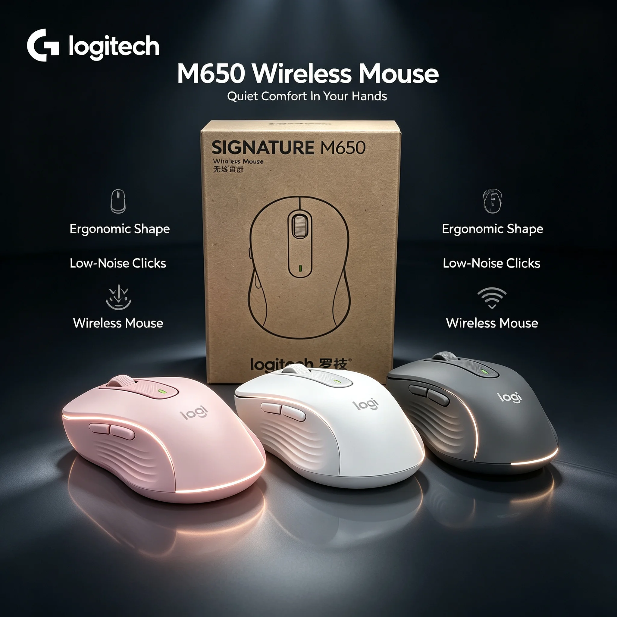 Logitech Signature M650 Wireless Mouse Bluetooth 2.4G Dual Mode Silent Click Ergonomic Office Mice for PC Laptop Mac