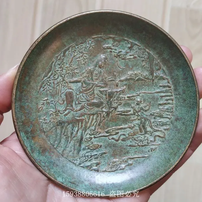 Bronze collection pure brass boy worship Guanyin plate pen wash dishes Qianlong old objects