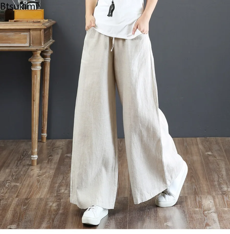 New 2024 Women's Loose Casual Cotton Linen Long Pants Solid Elastic High Waist Wide Leg Trousers Women All-match Pants 16 Colors