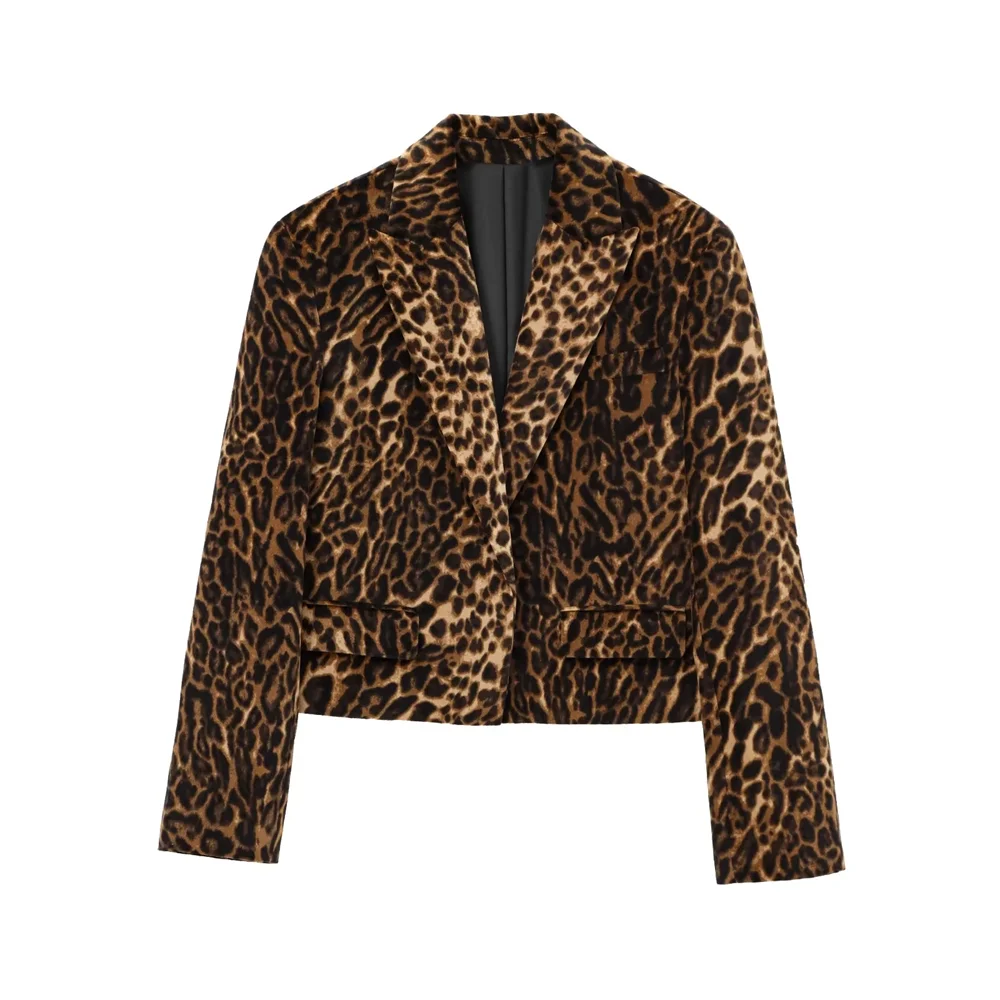 

TRAF2024 Autumn/Winter New Product Women's Leopard Pattern Animal Pattern Printed Velvet Short Suit Coat