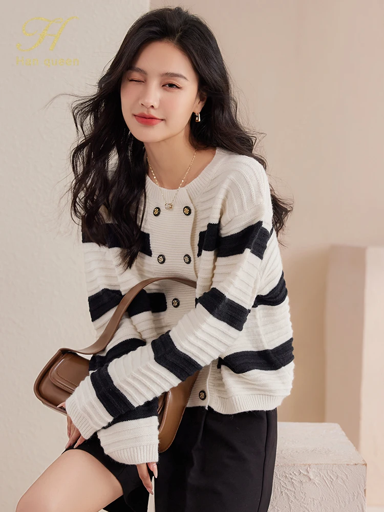 H Han Queen 2024 Autumn Fashion Double-Breasted Knitted Coats Cardigan Sweater Women\'s Tops Basic Striped Long Sleeve Cardigans