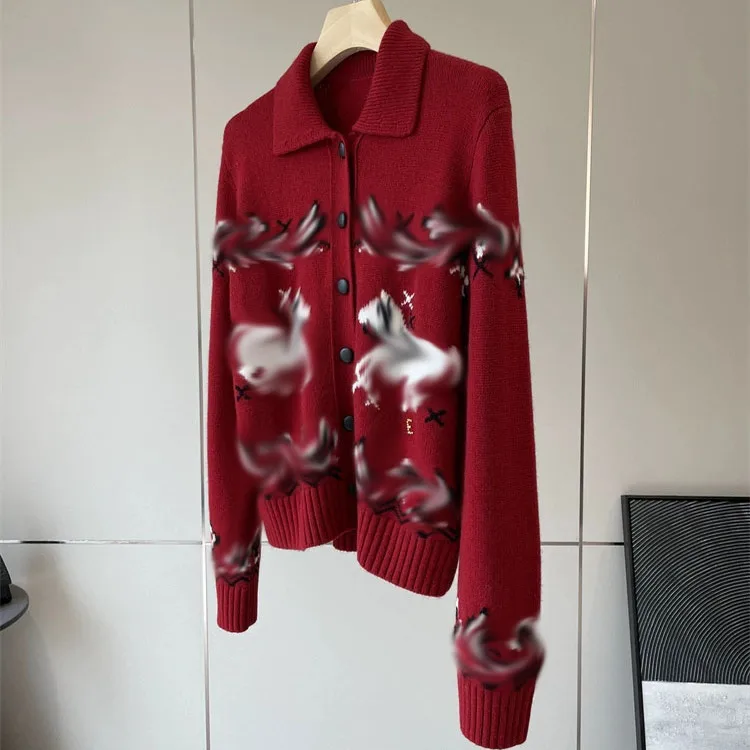 

Elegant Knitted Fair Isle Sweater with Pattern Horizontal Sweep All！！ Festive Atmosphere！！ Women's Open Cardigan