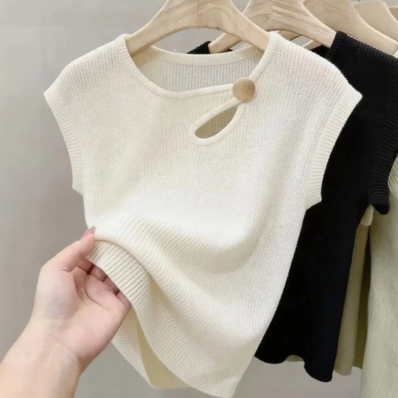 Women's Summer Fashion Loose All-match Fashionable Hollow Out Temperament Hollow Out Ice Shreds Short Sleeve Slim Solid Color To