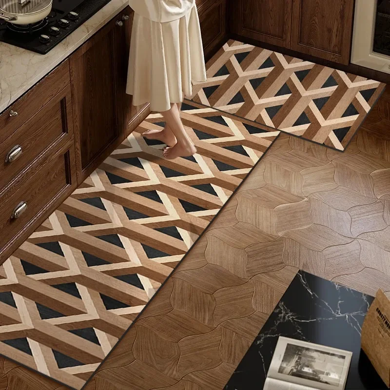 Kitchen Carpet Wood Grain Geometric Pattern Rug Oil-proof Waterproof Rugs Long Strip Runner Non-slip Mat Коврик Для Кухни Tapete