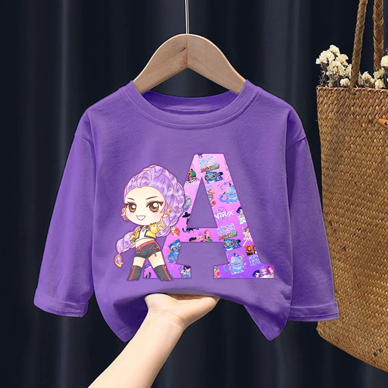 Новые футболки с длинными рукавами для девочек K Pop Demon Hunters Kawaii, футболки с рисунком и надписью, детские топы, осенняя детская одежда