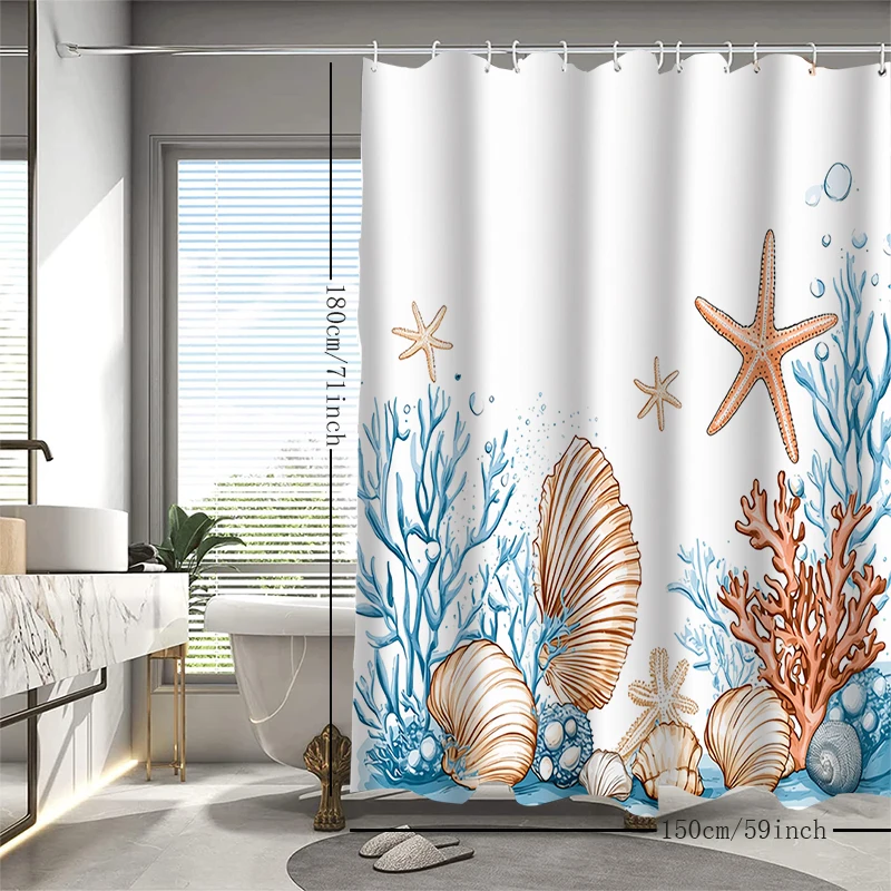 Exquisite underwater seaweed marble textured shower curtain in the bathroom, with 12 detachable hooks for easy cleaning