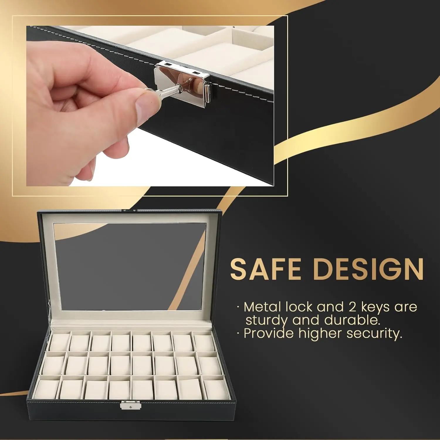 Watch Box 24 Slot Elegant Portable Black Watch Collection Box Case jewelry Men & Women