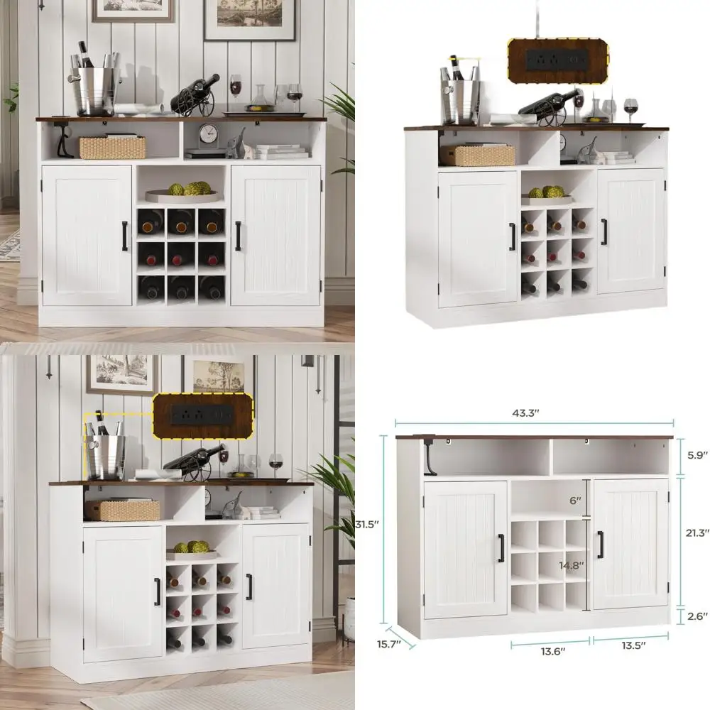 Aparador Rústico de Madera con Tomacorrientes y Botellero, para Comedor, Color Blanco Antiguo