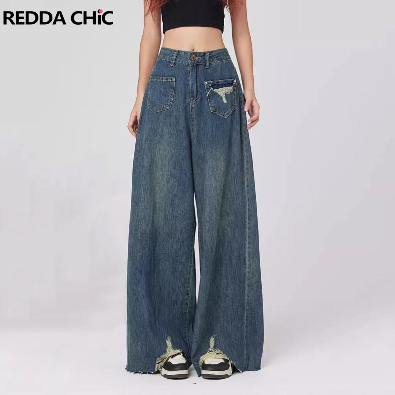 

REDDACHiC Vintage Frayed Women Baggy Jeans High Waist Trousers Blue Wash Ripped Holes Wide Leg Pants Raw Edge Korean Streetwear