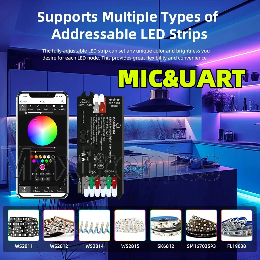 ESP32 WLED MIC&UART LED Controller DC5‑24V Input with USB‑C, Ultra‑Low 0.5W Standby 16A Driver for WS281x Series LED Strips DIY