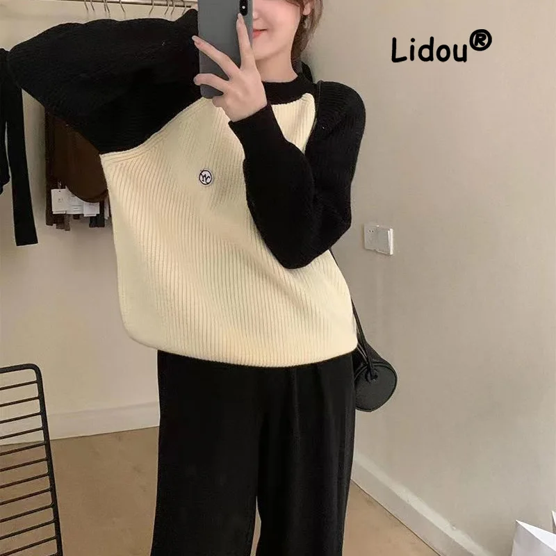 Autumn Fashion Color Blocking Loose Knitting Sweaters Women New Classic Long Sleeve Korean O-collar All-match Pullover Top 2022