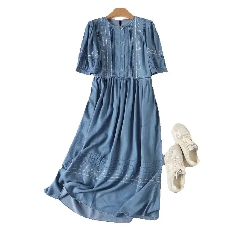 Nieuwe zomer tencel denim jurken met lantaarnmouwen, dames O-hals borduurwerk, Mori Girl Retro OL casual losse jurk D56128CC