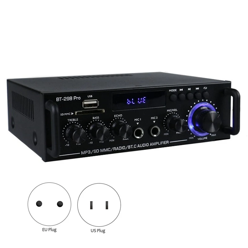 Amplificador bt 298 pro amplificador de home theater karaokê canal duplo estéreo bluetooth 5.0 máximo 800w nova atualização eua plug durável