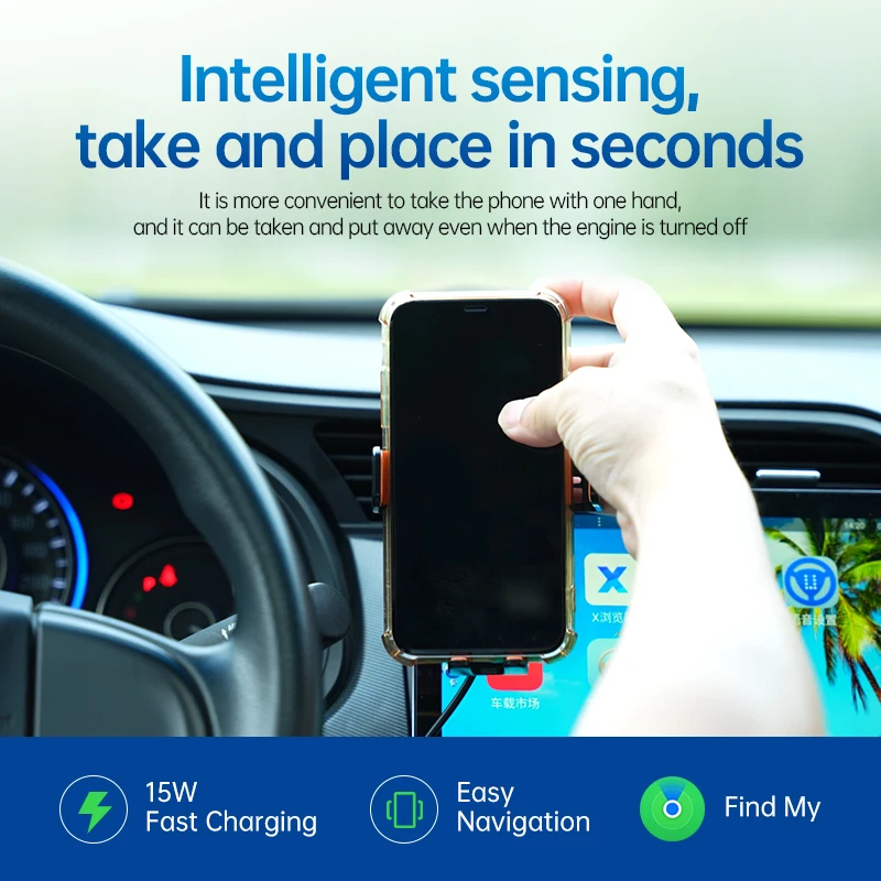 Pengisi Daya Nirkabel Cepat 15W untuk Mobil, Penyangga Ponsel, Pelacak GPS untuk iPhone iPad dengan Aplikasi Temukan Saya, Otentifikasi MFi