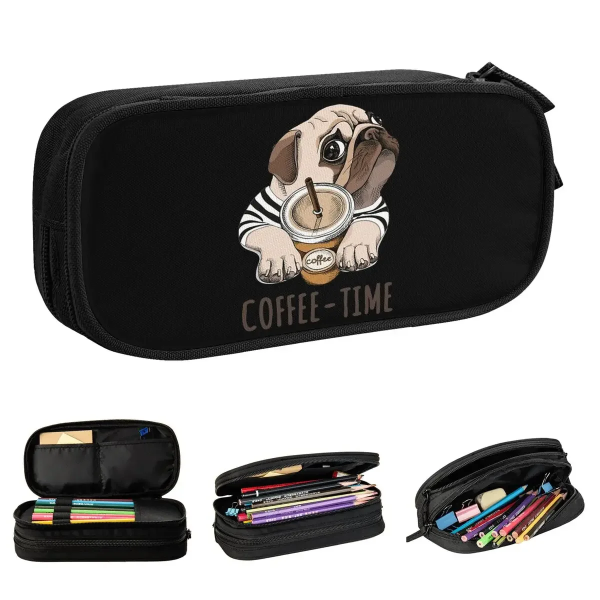 Coffee Time Pug Funny Dog Pet Pencil Cases Cute Bulldog Lover Animals Pen Box Bags Large Storage School Supplies Pencilcases