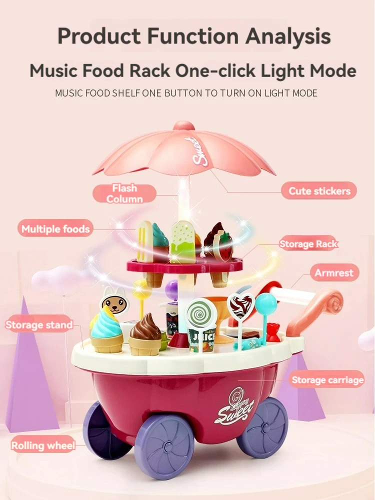 Children's Mini Candy Ice Cream Cart with Lighting Music Simulation Candy Trolley Set Educational Pretend Play Toys Kids Gift