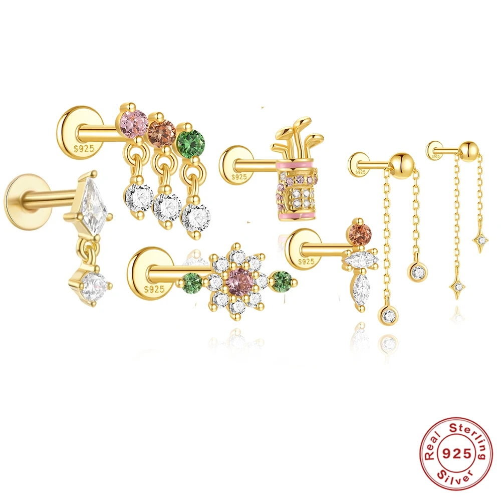 

AIDE 1Piece Piercing 925 Sterling Silver Small Zircon Stud Earring for Women Trend Ear Cartilage Fine Jewelry Opal Chain Earring