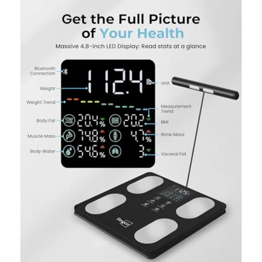 Bathroom smart scale for body composition analysis, ABS plastic, black, 8-electrode high precision with BMI, body fat, muscle m