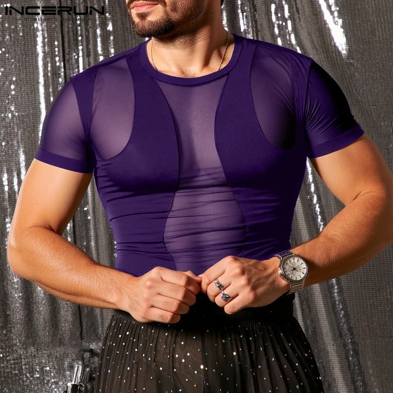 

INCERUN Men's T Shirt Mesh Patchwork O-neck Short Sleeve Transparent Male Tee Tops Summer Streetwear 2025 Fashion Men Clothing