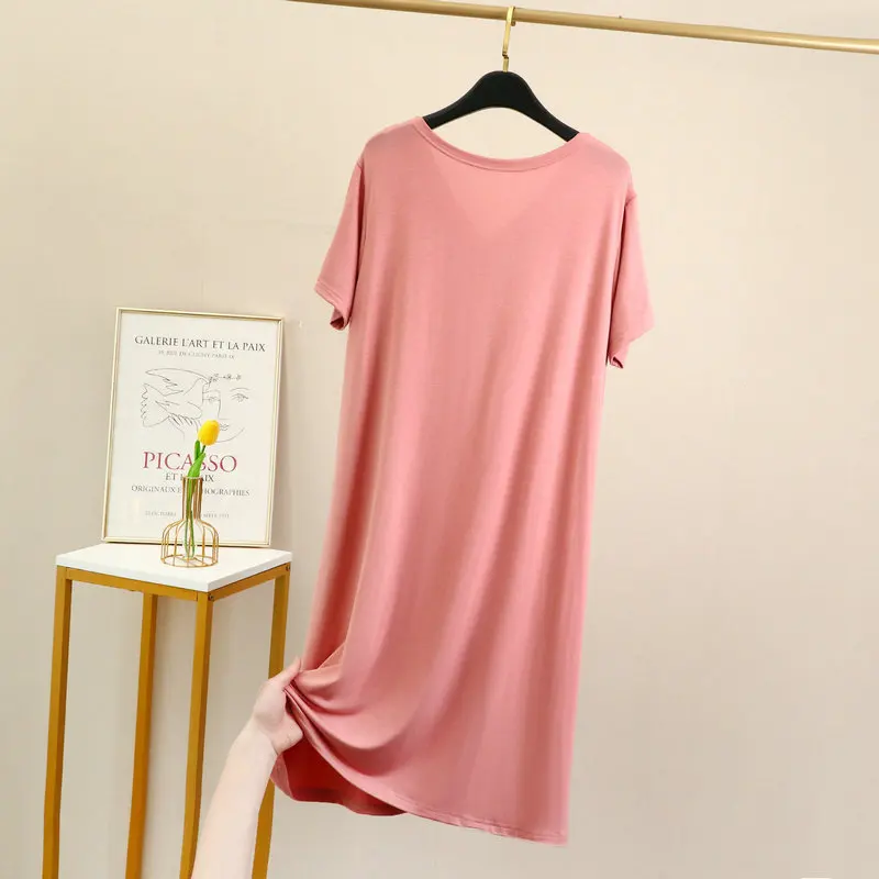 Summer women V-Neck dress Short sleeves Modal Bottoming dresses solid color Plus size sleepdress Loose and comfort nightdress