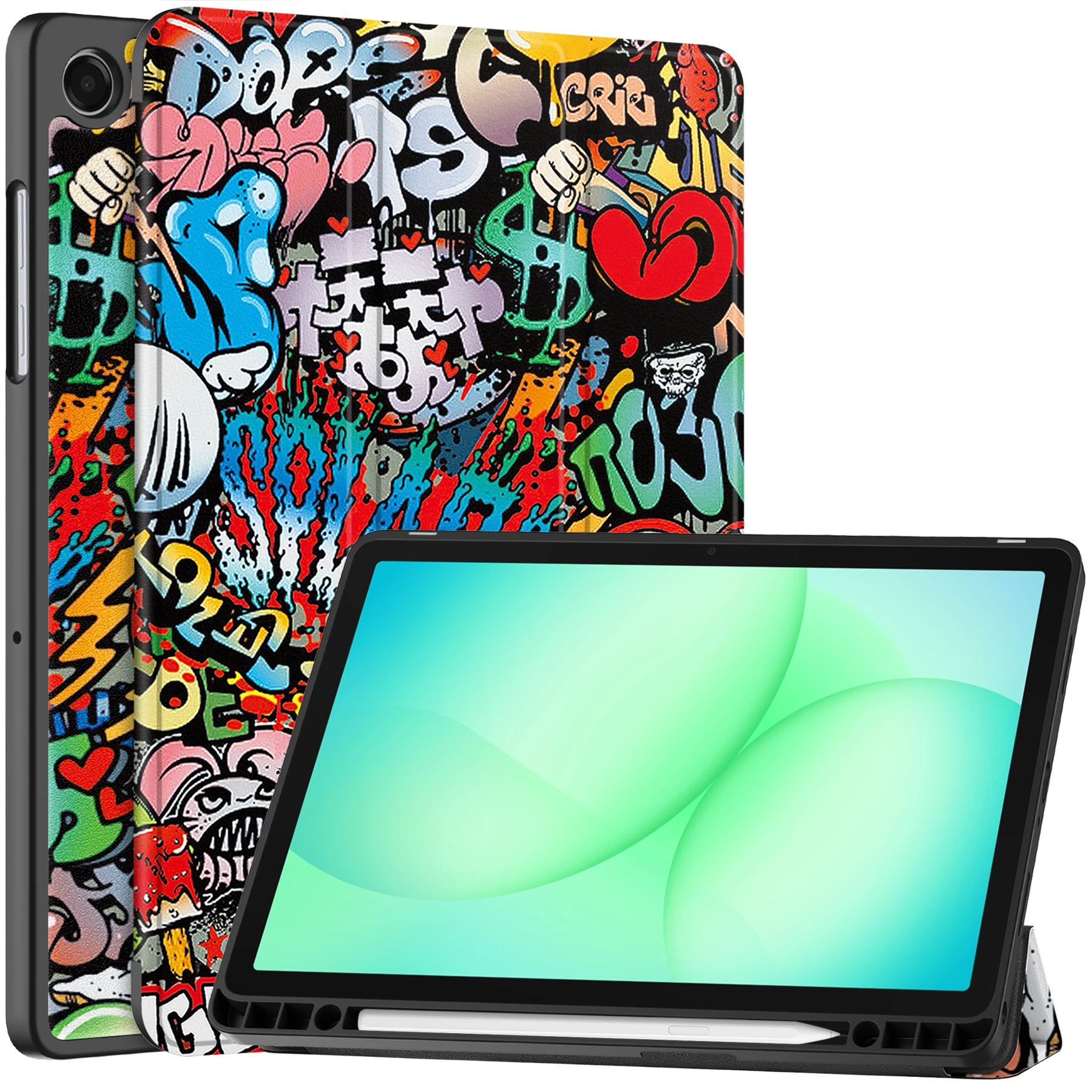 

For Samsung Galaxy Tab A11+ / A9+ Tablet Case Pattern Printing Tri-Fold Stand Leather + TPU Cover with Pen Holder - Graffiti