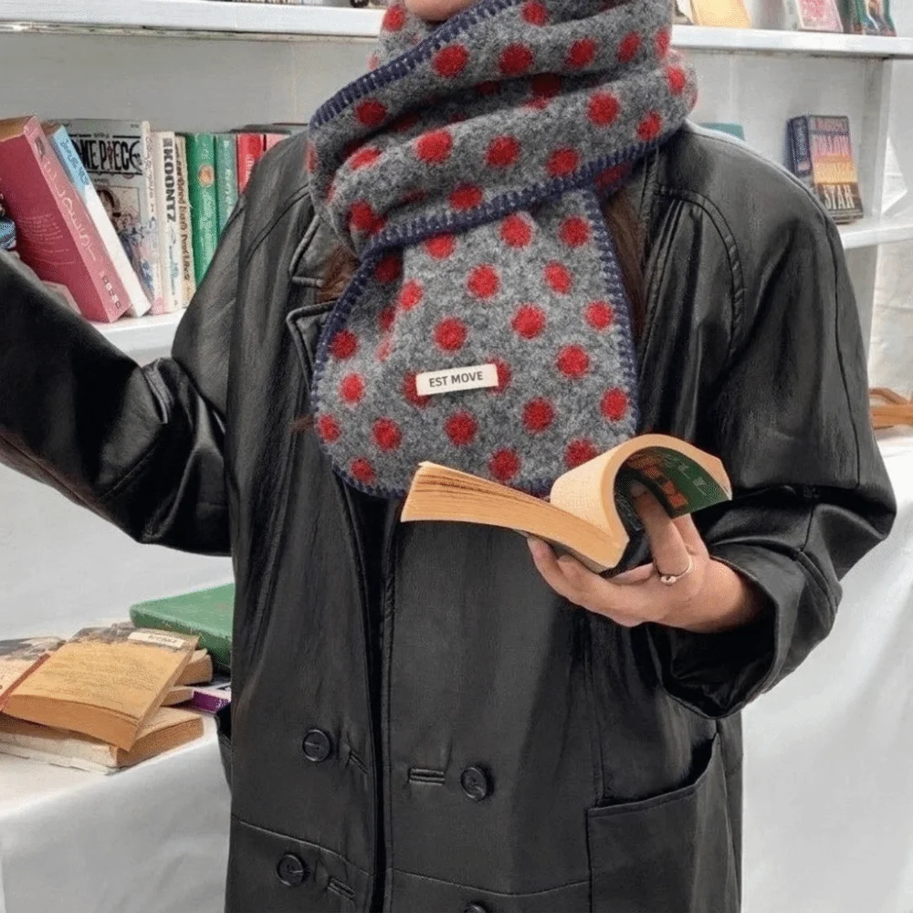 Fashion Color-Block Polka Dot Scarf Lightweight Korean Style Wool Scarf Windproof Double-Sided Winter Shawl Men