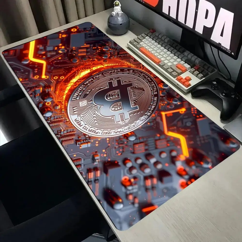 Neon Orange Circuit Bitcoin Large Extended Gaming Mouse Pad Tech Circuit Pattern Stitched Edge Non Slip Rubber Keyboard Desk Mat