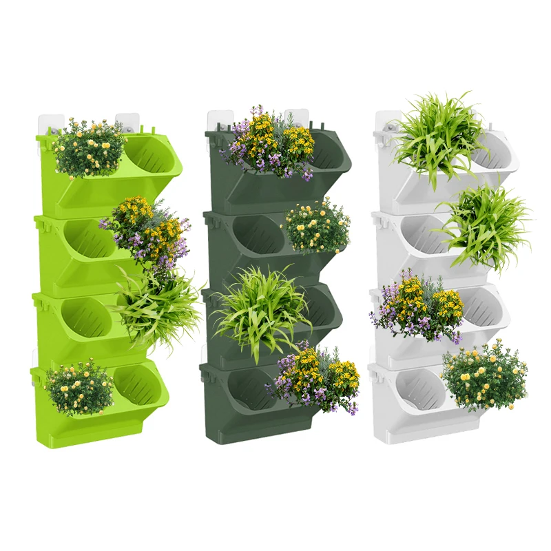 Garden 4 Flower Pots Stacked on the Wall Hanging Vertically With Drain Plastic Flower Pot Set Planter