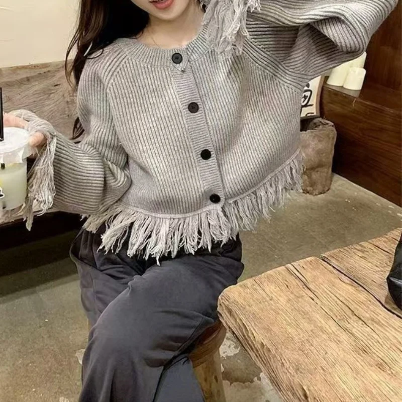 Autumn Women Elegant Tassel Splice Knit Cardigan O-Neck Single Breast Loose Sweater Retro Casual All-Match Gray Top Chic Korean