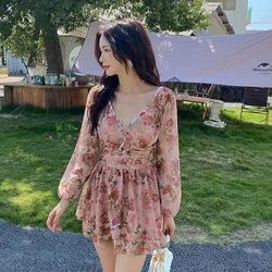 Wisuwore Plus Size Swimwear 2023 Women's One Piece Swimsuit Flower Print Chiffon Long Sleeve Beachwear Summer Fashion M-5XL