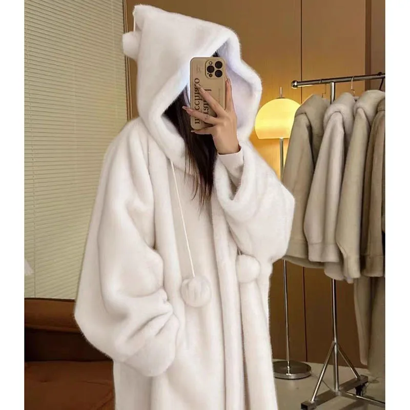 Otoño Invierno con capucha imitación visón chaqueta de felpa abrigo suelto largo lana imitación piel ecológico grueso cálido Parker abrigo JJ297