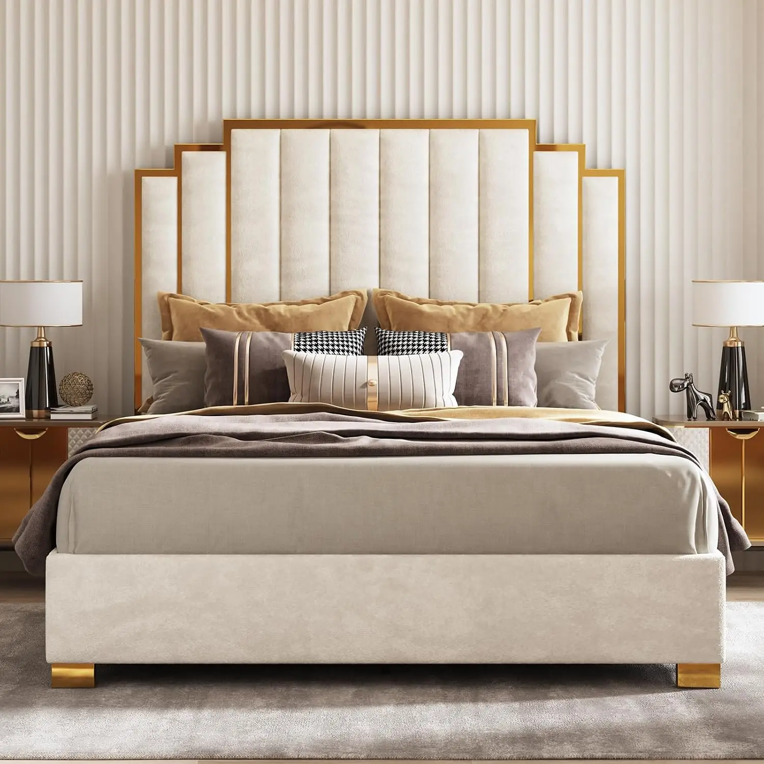 Velvet Upholstered King Bed Gold Trim Headboard Cream, Customized