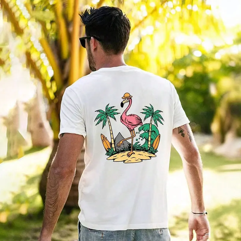 2024 Summer New Beach Vacation Style Short Sleeve 3d Flamingo Coconut Tree Print T Shirt Men's Fashion Sports Fitness Tops