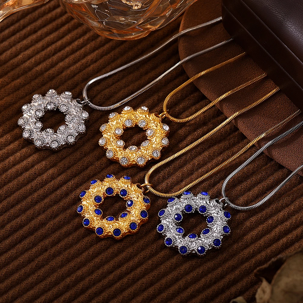 Beautiful Stainless Steel Necklace Earrings For Women Carving Flower Rhinestones Inlaid Pendant Shiny Chain Luxury Charm Jewelry image 6