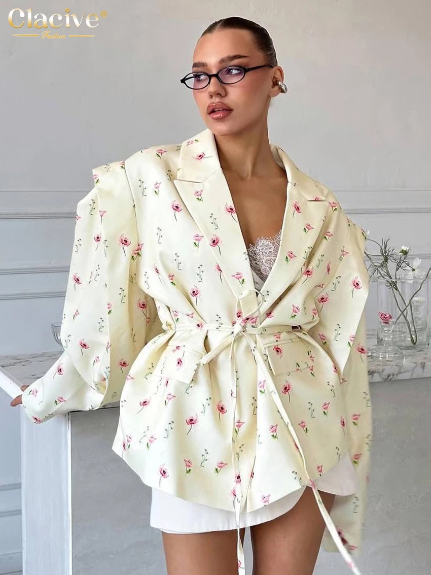 

Clacive Fashion Loose Print Women's Blazer 2025 Casual Lapel Long Sleeve Blazers Elegant Classic Lace-Up Top Female Clothing
