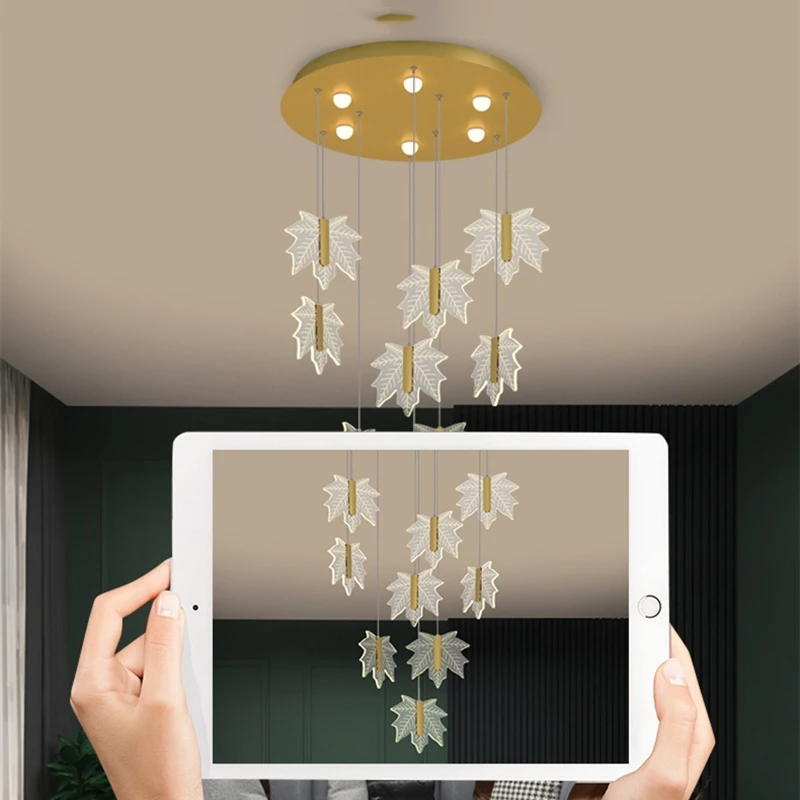 

Acrylic Maple Leaf Pendant Lamp Stairs Chandelier for Bedroom Headboard Living Room Suspendu Lustre Duplex Building Led Hanglamp