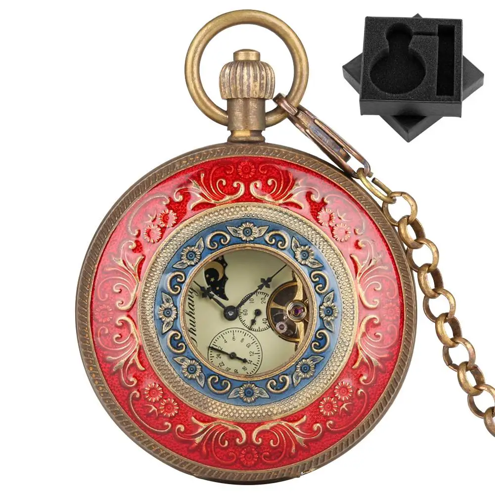 Side-Read Roman Numerals Tourbillon Dial Bronze Copper Mechanical Self Winding Pocket Watch Men's Fob Chain Pendant Clock Gift