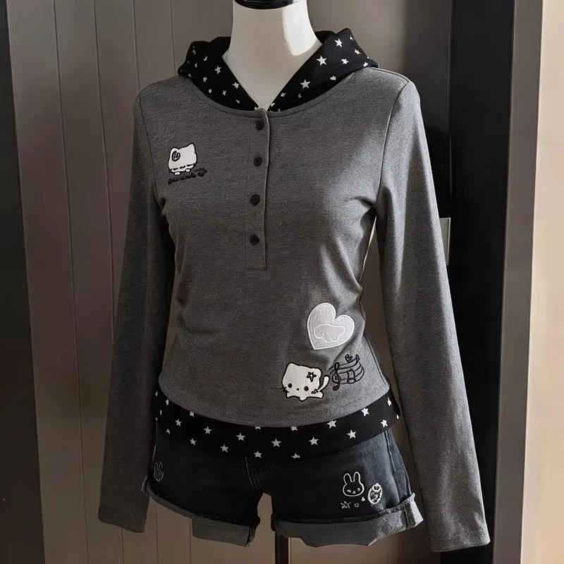 Japanese Harajuku Y2k T-Shirts Women Kawaii Cartoon Cat Fake Two Piece Hooded Tops Autumn Female Streetwear Cute Slim Basic Tees