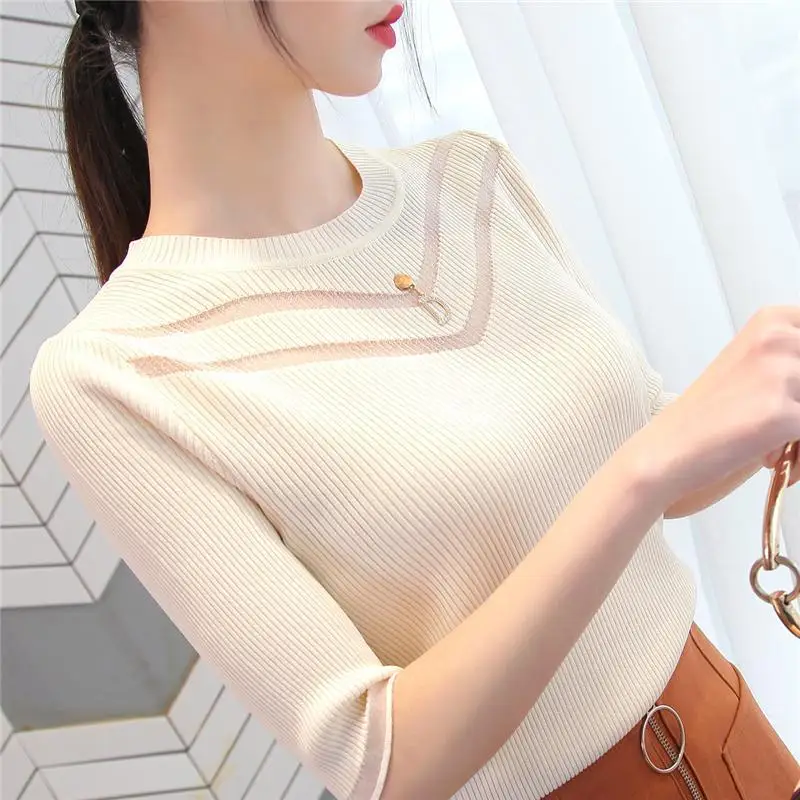 Ice Silk Chiffon Paneled Yarn Openwork Knit Slim Fit Crewneck T-shirt Women's Short Sleeve Top Autumn New Undershirt Women