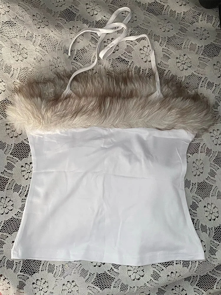 2026 Sommer Damen Y2K Grunge Goth Streetwear Sexy Kunstfell-Besatz Kreuz-Buchstaben-Print Slim Fit Cropped Neckholder Cami Tank Top – Detail 4
