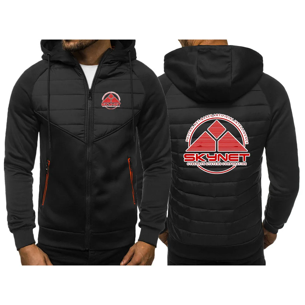 Casaco masculino Skynet Graphic com gola alta, de algodão, para inverno, cor sólida, estilo casual, com zíper e capuz.