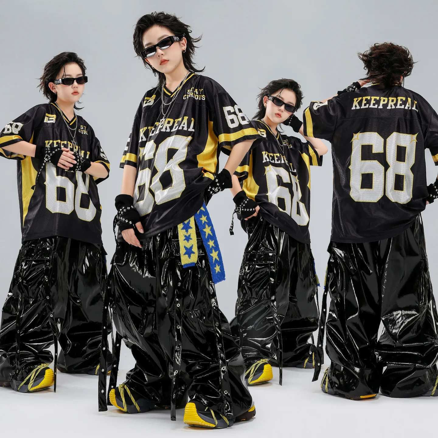 Boys Hip Hop Black T-shirt Street Dance Shiny Cargo Pants Girls K-pop Clothes Sets Children Streetwear Kids Teens Jazz Costumes
