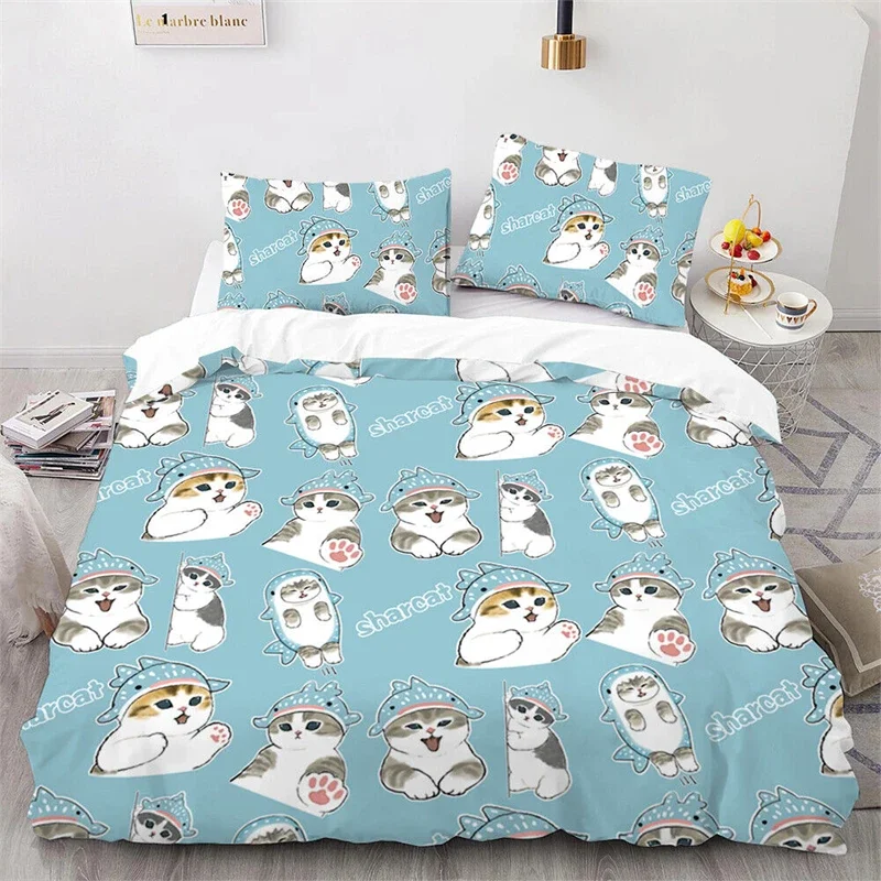 Cute Kitten Duvet Cover Pillow Case Mofusand Anime Shark Cat Bedding Set Single Double Queen Size Teen Gift Room Decor